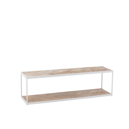 Mesa de centro de madera natural y metal blanco de 150x40x44cm.