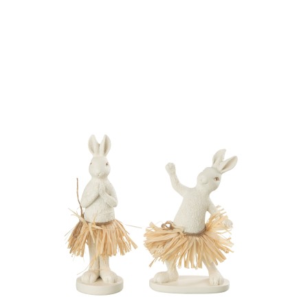 Set de 2 lapins debout avec raphia en multicouleur 13x13x18 cm