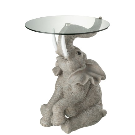 Mesa redonda con base de elefante sintético gris de 49x48x63 cm.