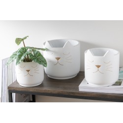 Cache-pot blanc avec motif de chat en doré H14.5cm