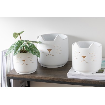 Cache-pot en ciment blanc et chat doré H16cm