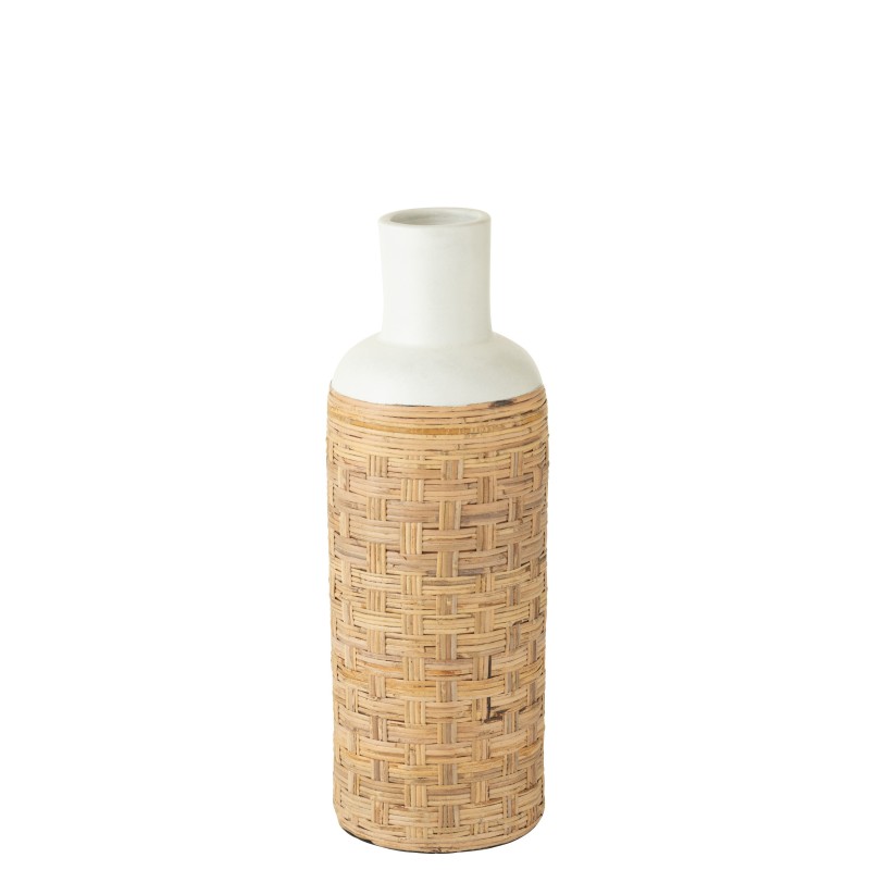 Jarrón de cerámica en tejido blanco y ratán natural 25x25x75 cm Jarrón de cerámica en tejido blanco y ratán natural 25x25x75 cm