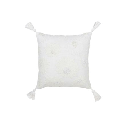 Coussin fleurs+floches en coton blanc 45x45x15 cm
