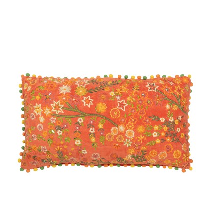 Coussin rectangle fleurs+pompoms en velours orange 65x35x15 cm