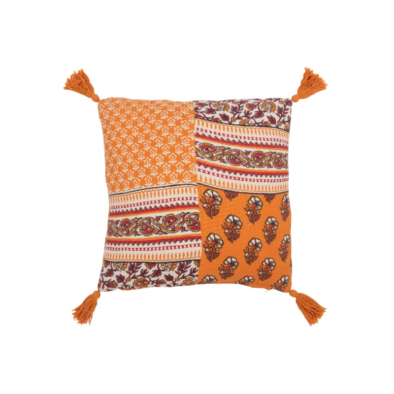 Cuscino Fiori+Frange in Cotone Arancione 45x45x12 cm