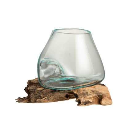 Vaso di vetro su base di legno 20x16X20 cm