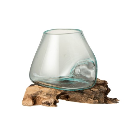 Vaso di vetro su base di legno 20x16X20 cm