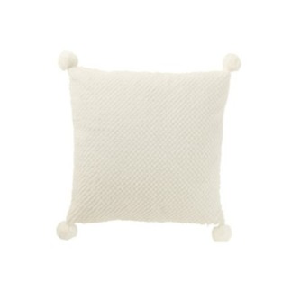Coussin carré avec pompons en polyester blanc 45x45x13 cm