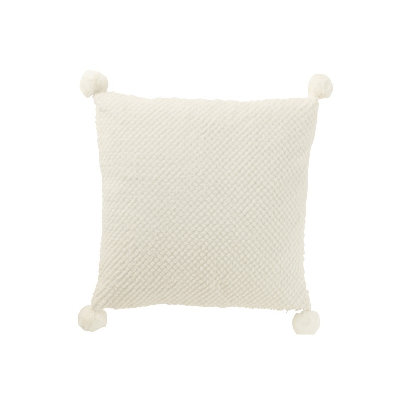 Coussin carré avec pompons en polyester blanc 45x45x13 cm Coussin carré avec pompons en polyester blanc 45x45x13 cm