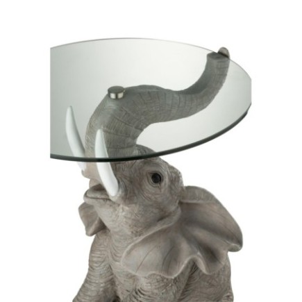 Mesa redonda con base de elefante sintético gris de 49x48x63 cm.
