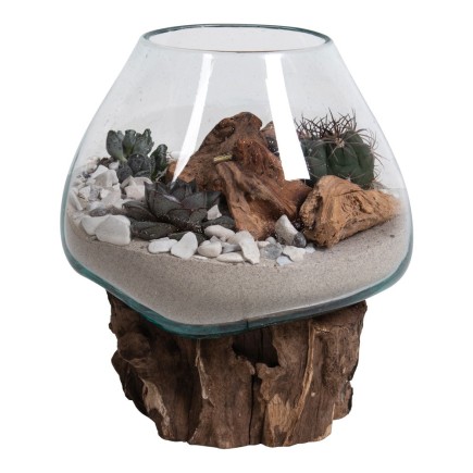 Vaso com base em madeira e vidro transparente 18x20 cm