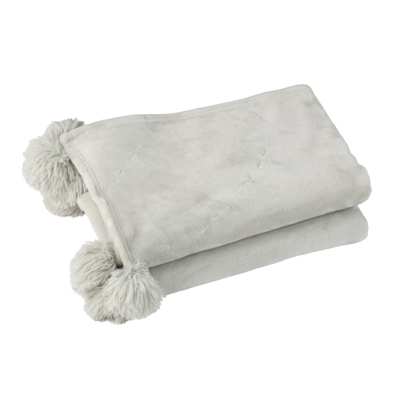 Plaid avec pompons en polyester gris clair 176x128cm Plaid avec pompons en polyester gris clair 176x128cm