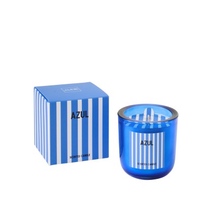 Bougie parfumée « Salt & Waves » dans verre bleu 8x8x8.5 cm