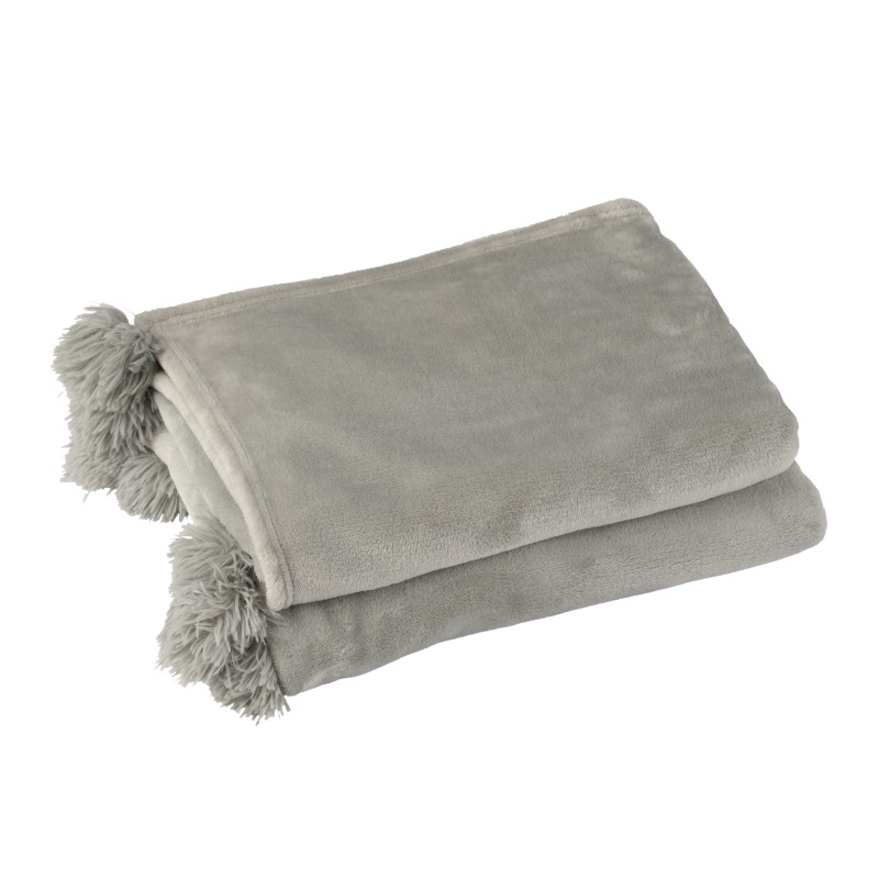 Plaid avec pompons en polyester gris 176x128cm Plaid avec pompons en polyester gris 176x128cm