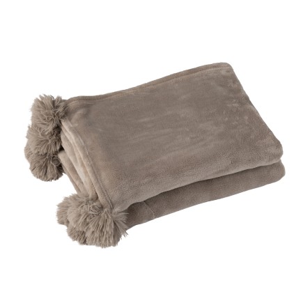 Plaid avec pompons en polyester taupe 176x128cm