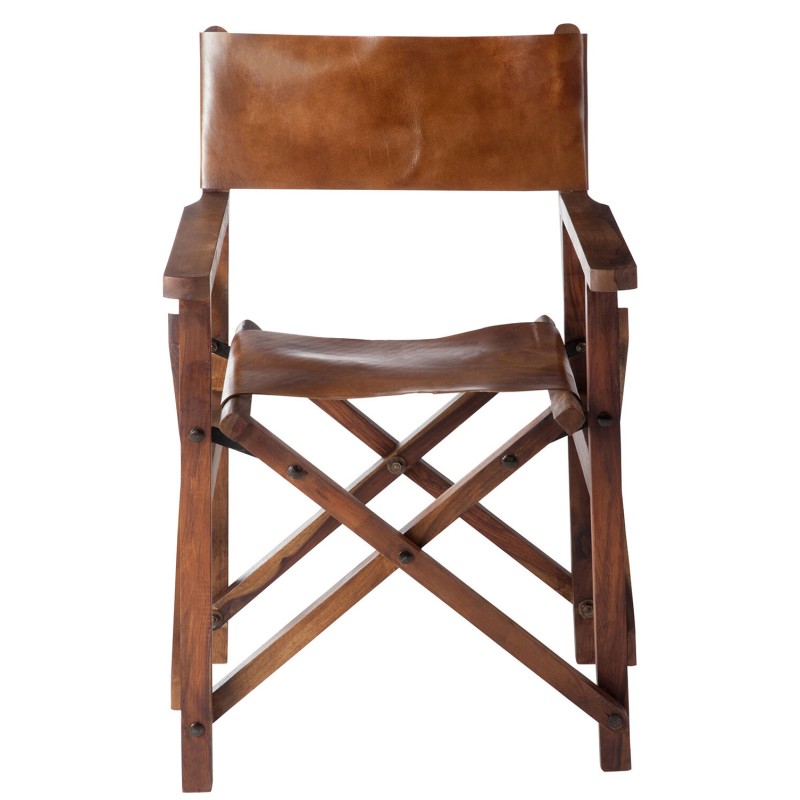Silla de director en cuero y madera marrón 53x56x88cm Silla de director en cuero y madera marrón 53x56x88cm