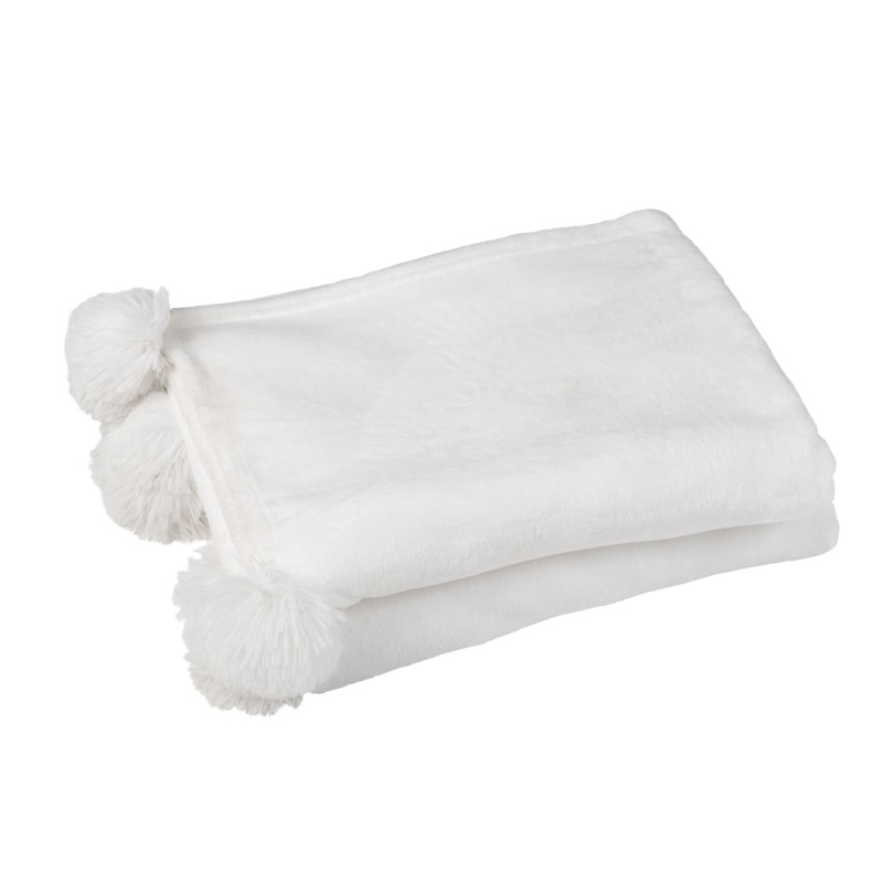 Plaid avec pompons en polyester blanc 170x130cm Plaid avec pompons en polyester blanc 170x130cm