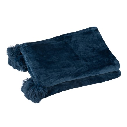 Plaid pompons en polyester bleu 173x126cm