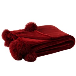 Plaid pompon en polyester rouge 170x130x1 cm