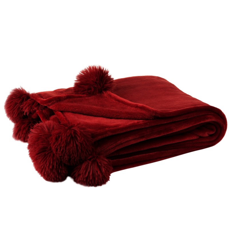 Plaid pompon en polyester rouge 170x130x1 cm Plaid pompon en polyester rouge 170x130x1 cm