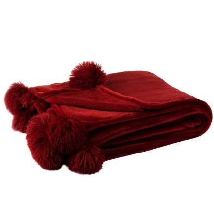 Plaid pompon en polyester rouge 170x130x1 cm
