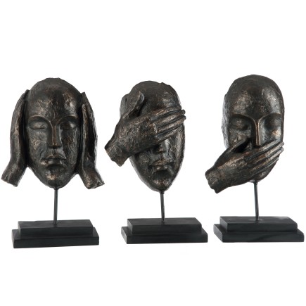 Conjunto de 3 caras de la sabiduría en resina marrón de 14x8x28 cm