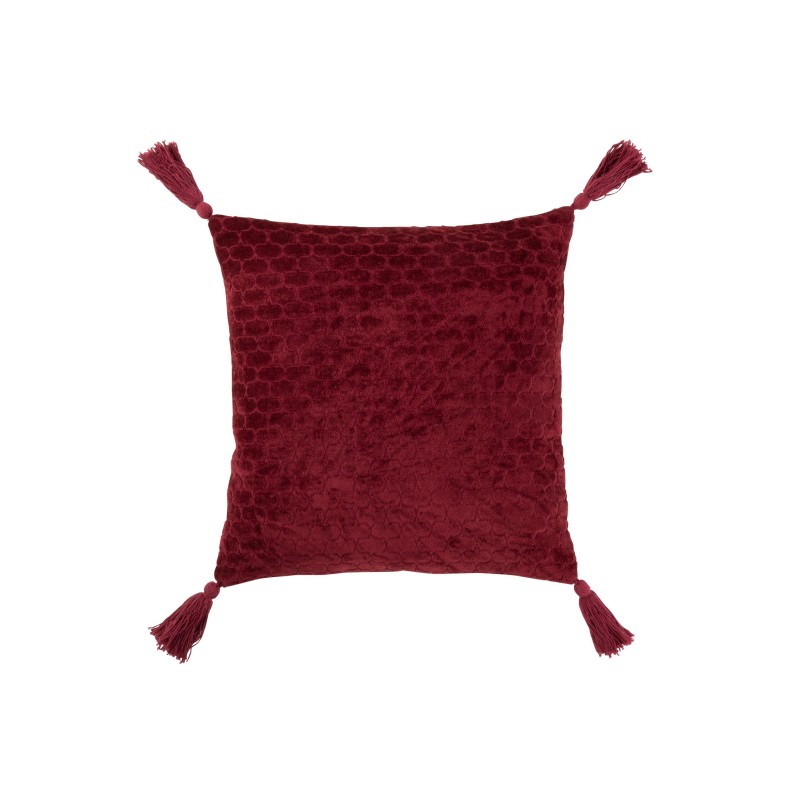Coussin carré avec motifs et floches en coton rouge foncé 45x45cm Coussin carré avec motifs et floches en coton rouge foncé 45x45cm