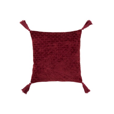 Coussin carré avec motifs et floches en coton rouge foncé 45x45cm