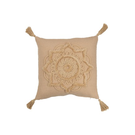 Cojín cuadrado con flor y pompones de poliéster beige de 43x43cm - Cojín de exterior