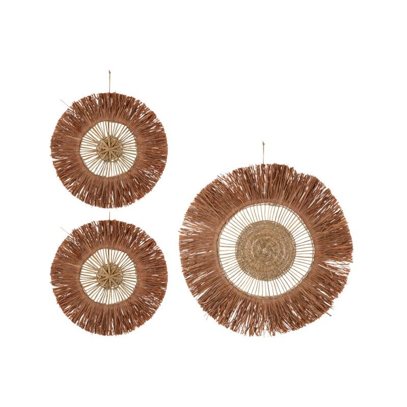 Set de 3 décorations murales rondes en Raphia marron 62x62x1 cm Set de 3 décorations murales rondes en Raphia marron 62x62x1 cm