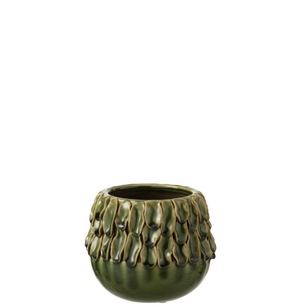 Cachepot rond en céramique verte avec décoration tropicale