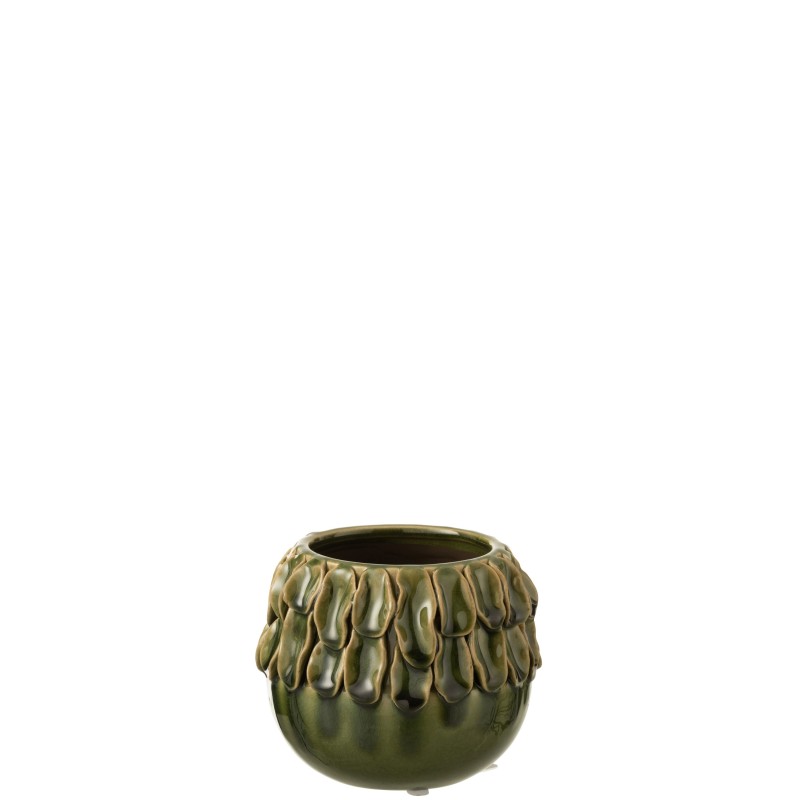 Cachepot rond en céramique verte avec décoration tropicale Cachepot rond en céramique verte avec décoration tropicale