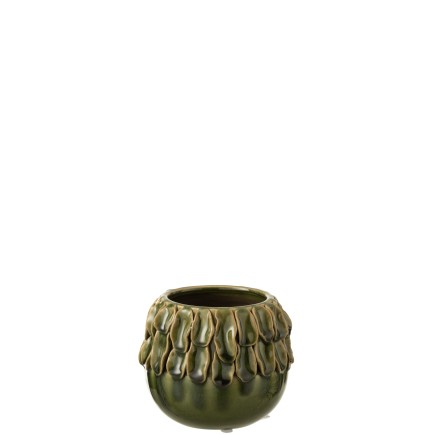 Cachepot rond en céramique verte avec décoration tropicale