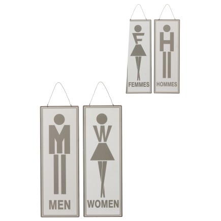 Lote de 2 letreros de baño en inglés y francés de metal blanco y gris de 16x46cm