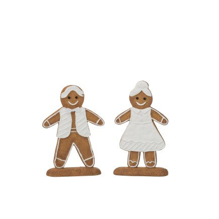 Set de 2 figurines pain d’épice en résine brun et blanc 9.5x3.5x15.5 cm